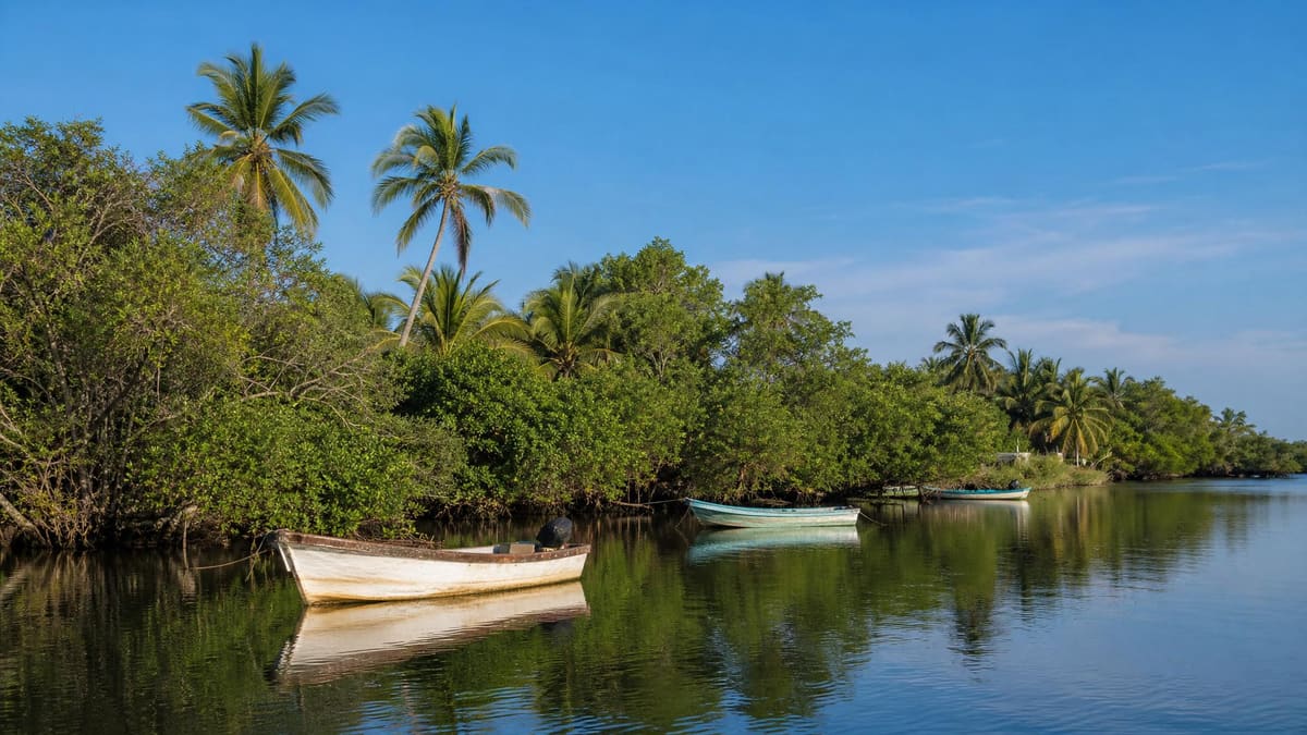 Fishing boats on Mecoacán Lagoon near Paraíso, Tabasco during a warm March morning