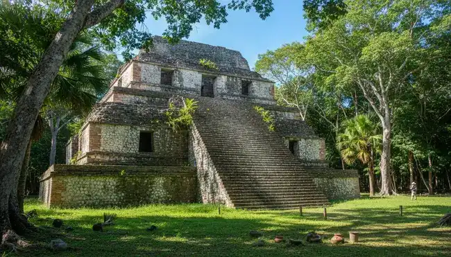 Ancient Mayan brick pyramid at the Comalcalco archeological site near Paraiso