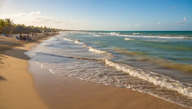 Palapas providing shade on the sandy beach of Playa Paraiso Tabasco along the Gulf Coast