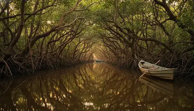 Red mangrove tunnel with calm reflective water in Puerto Ceiba Tabasco