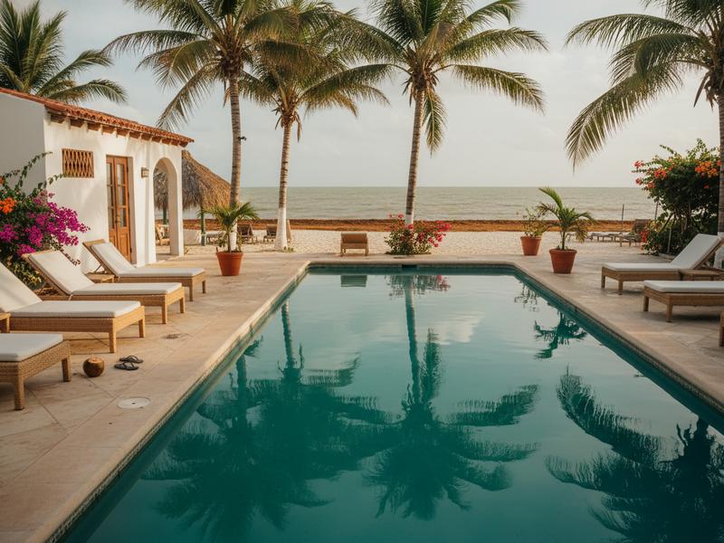 Boutique hotel pool in Playa del Carmen with palm shadows