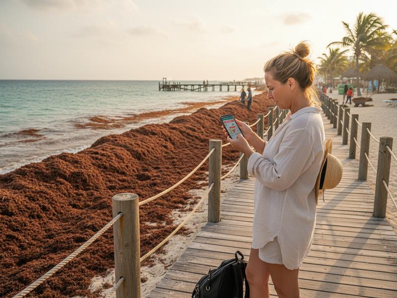 Traveler checking sargassum conditions on a phone near the beach