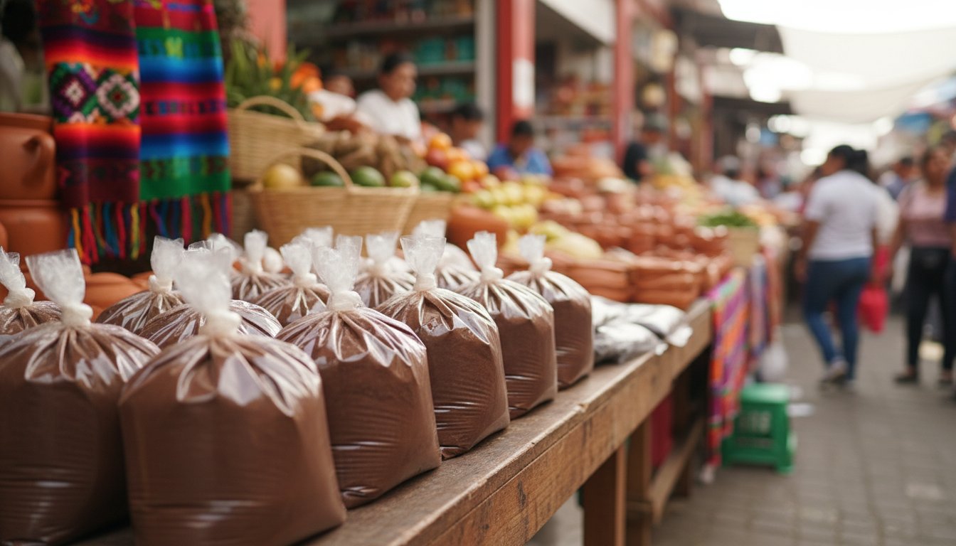 Traditional market stall displaying various bags of Polvillo powder with handwritten price tags