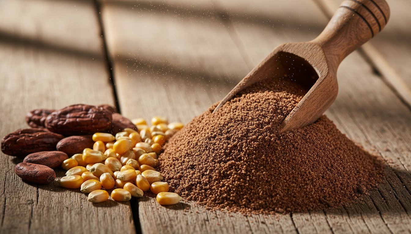 Close-up of Polvillo powder showing the gritty texture of toasted corn and cacao mixture