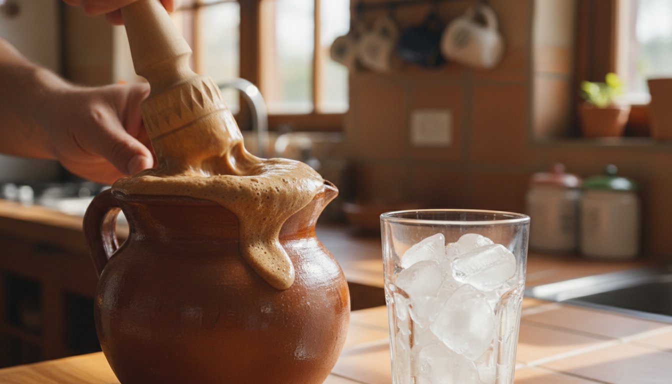 Traditional wooden molinillo being used to whisk Polvillo drink creating foam on top