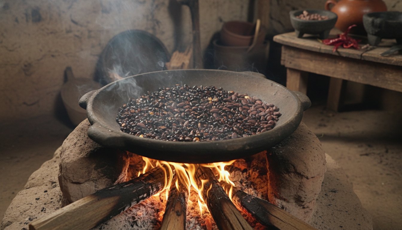 Corn kernels being dark roasted on a traditional clay comal over wood fire