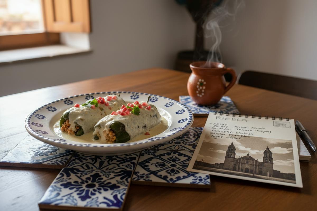 Puebla weekend table with chiles en nogada, Talavera tile, cathedral notes, and travel planning
