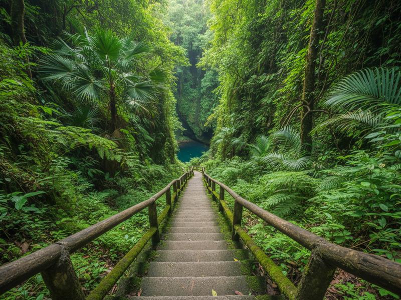 Steep stairs descending into Puente de Dios canyon through jungle vegetation