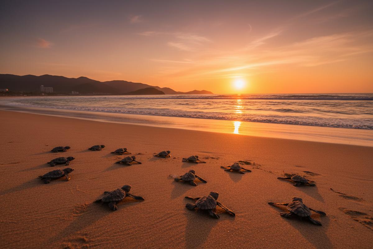 Baby sea turtles crawling toward the ocean near Puerto Vallarta at sunset