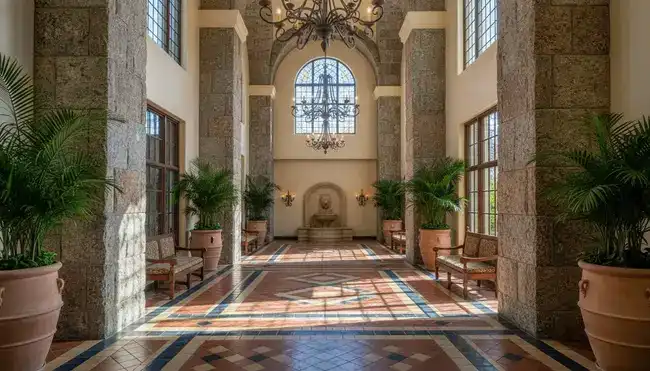Quinta Real Villahermosa luxury entrance lobby with warm lighting