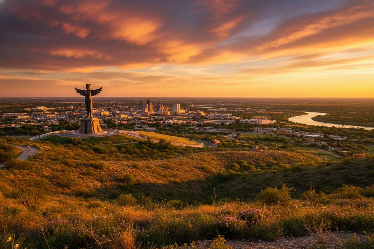 Reynosa skyline and border roads under bright May sun in Tamaulipas