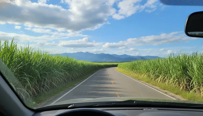 Road through sugar cane fields Veracruz driving route