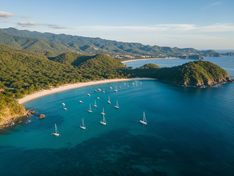 Aerial view of Huatulco's turquoise bays surrounded by green mountains and beaches