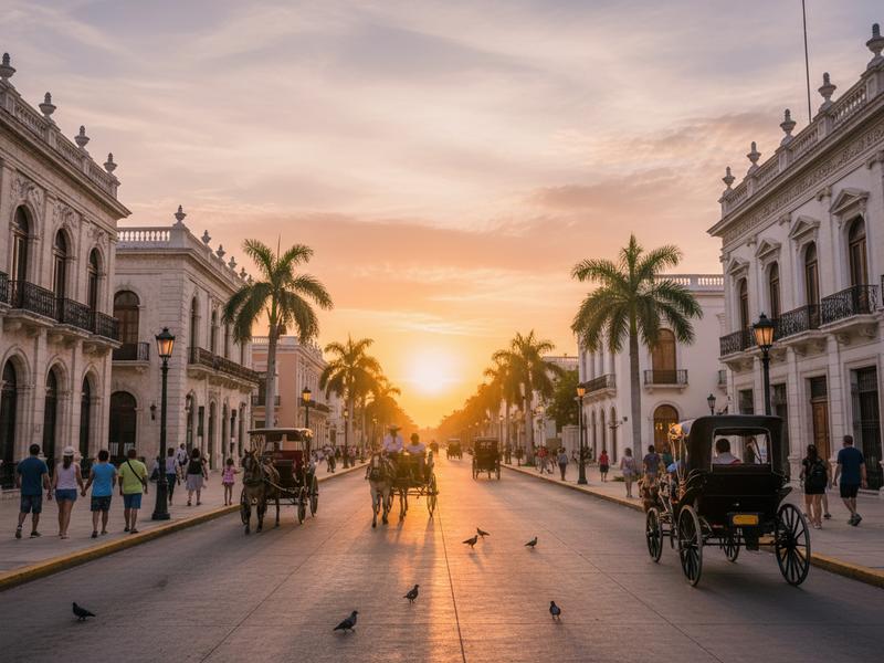 Paseo de Montejo boulevard in Mérida with colonial mansions and pedestrians walking safely