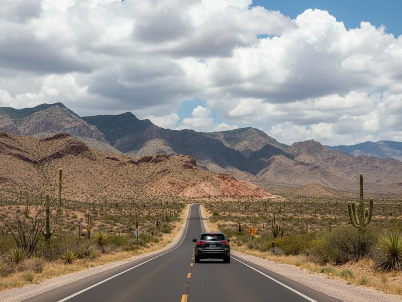 Highway scenery between Saltillo and Parras with desert hills and summer clouds