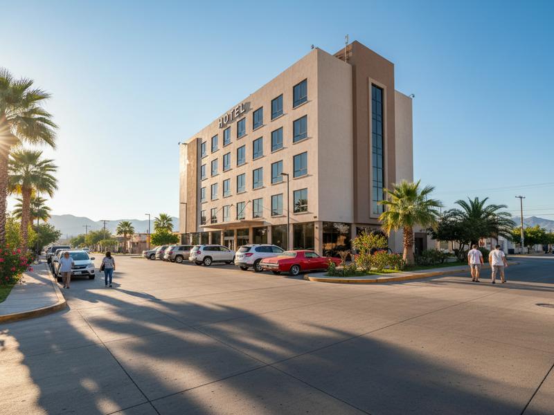 Practical Saltillo hotel entrance with parking area, shaded walkway, and easy access for a Coahuila road trip