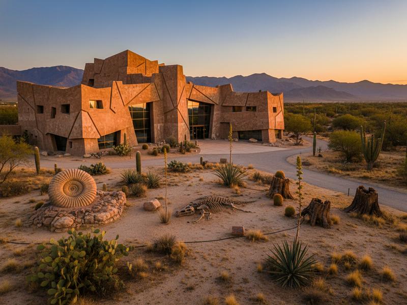 Desert Museum exhibit area with fossil displays, desert plants, and indoor galleries for a warm afternoon