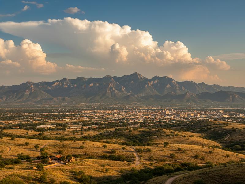 Clouds building above Saltillo rooftops and nearby mountains during a warm early-summer afternoon