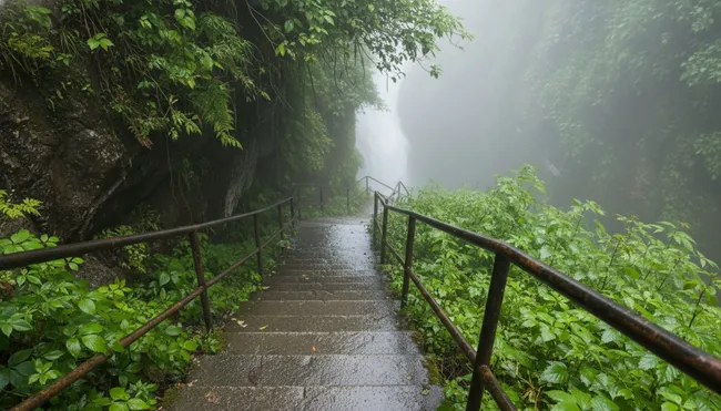 Steep concrete steps descending through the jungle to the waterfall base