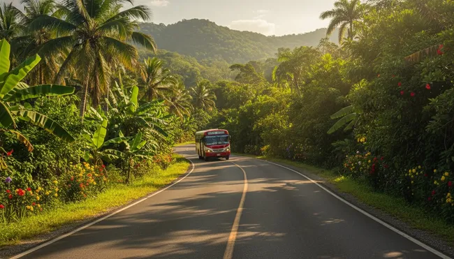Red and white public bus traveling on a Veracruz road