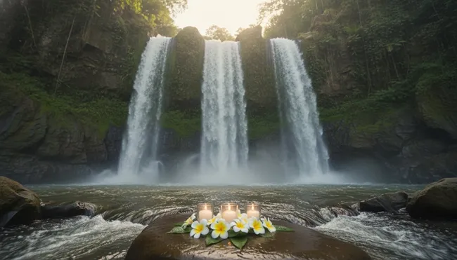 Riverbank near the three streams waterfall showing local offerings