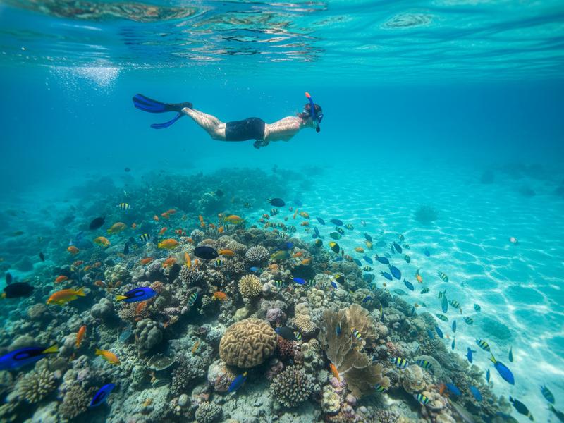 Diver floating along colorful coral wall during drift dive in Cozumel