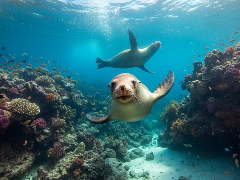 Snorkeler swimming alongside playful sea lion in the Sea of Cortez