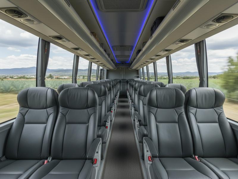 Interior of a comfortable ADO first-class bus with reclining seats and modern amenities
