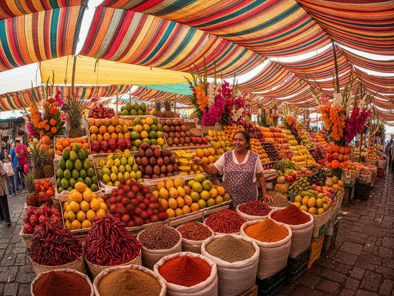Colorful Mexican market stalls with fresh produce, spices, and local vendors in a vibrant setting