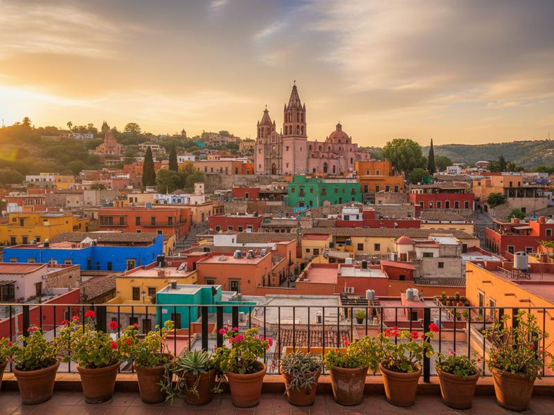 Colorful colonial buildings and church of San Miguel de Allende viewed from a rooftop