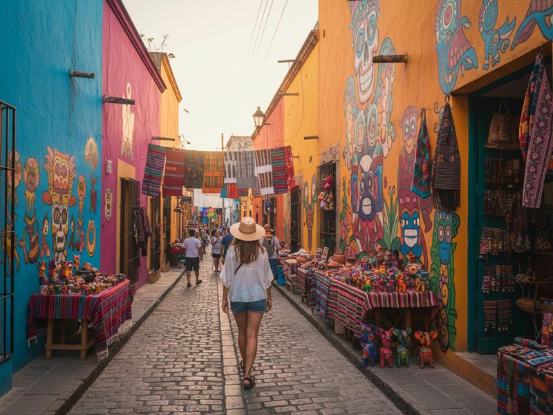 Solo female traveler exploring a colorful street in Oaxaca with murals and local vendors