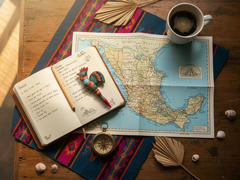 Map showing a solo female travel route through Mexico connecting Oaxaca, San Cristobal, Merida, Valladolid, and Bacalar