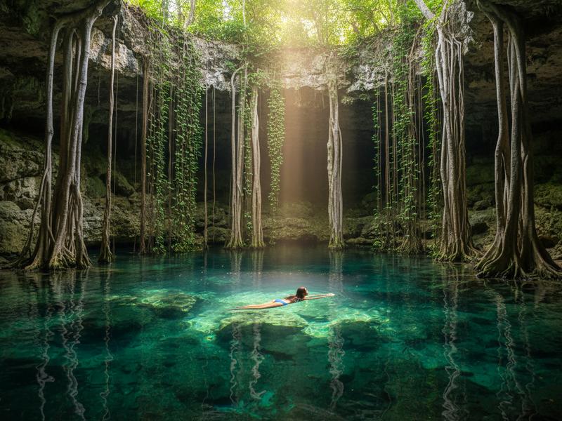Woman swimming in a turquoise cenote surrounded by limestone walls and hanging vines in Valladolid