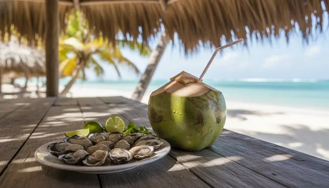 Fresh mangrove oysters and coconut gin drink served at a local restaurant