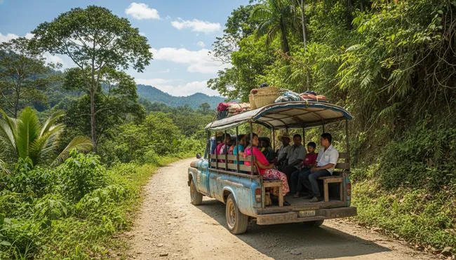 Modified pickup truck transporting passengers through the jungle roads to Sontecomapan