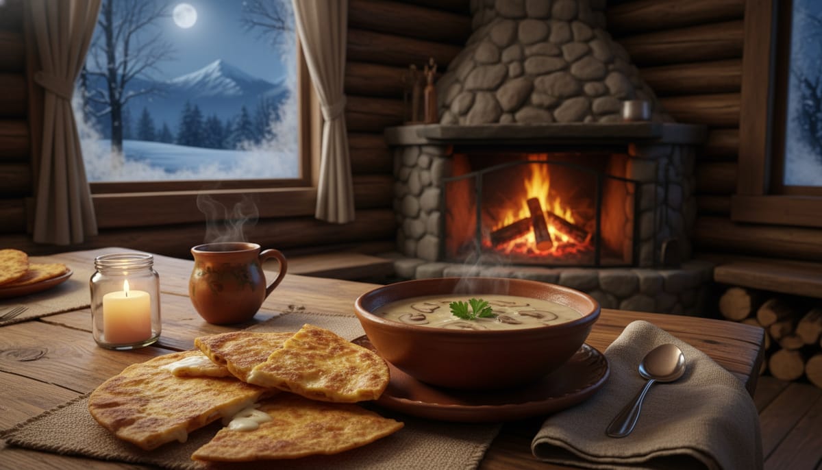 Rustic Dining Experience Soup And Tlayuda By Fireplace
