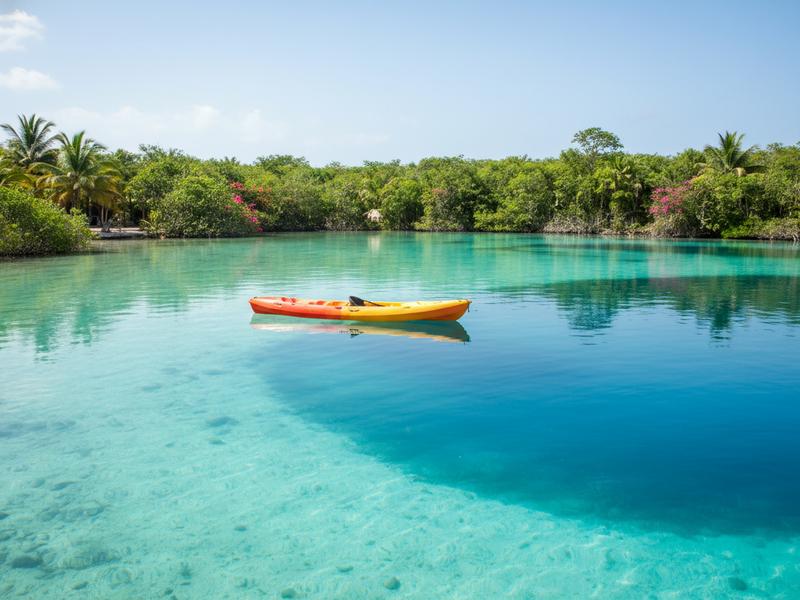 Kayak floating on the crystal-clear turquoise waters of Bacalar Lagoon in Quintana Roo Mexico