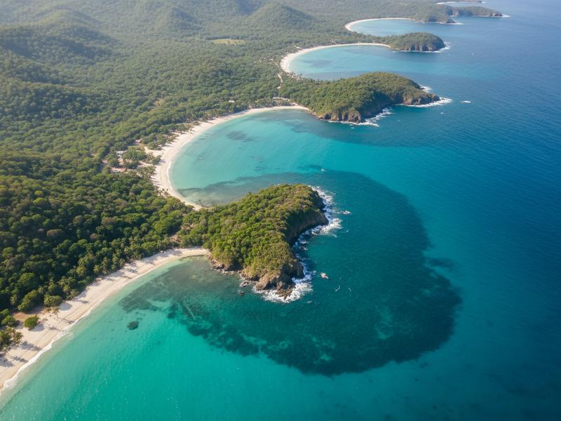 Aerial view of Huatulco bays with turquoise water, forested hills, and uncrowded beaches