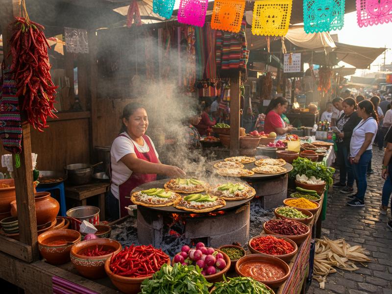 Colorful Oaxaca street food market with vendors preparing tlayudas and mole