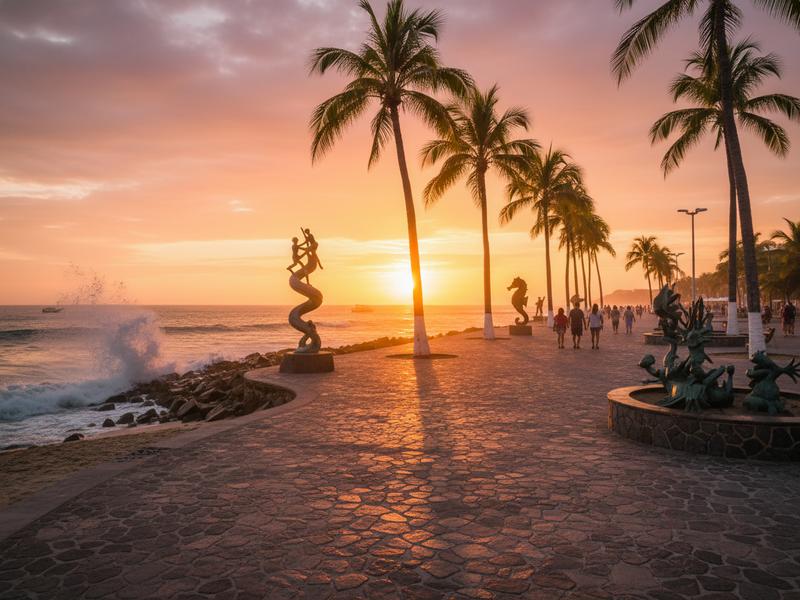 Puerto Vallarta Malecón boardwalk at sunset with ocean waves and palm trees