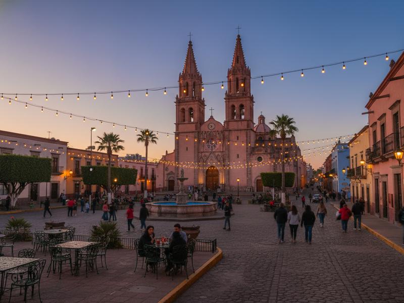 The pink Parroquia de San Miguel Arcángel church at dusk with string lights and colonial buildings