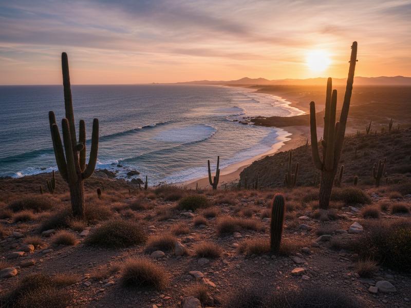 Desert cactus landscape meeting the Pacific Ocean at Todos Santos Baja California Sur Mexico