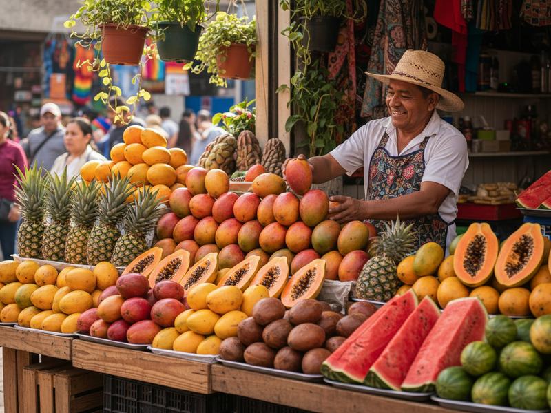 Fresh tropical fruit display at a Mexican market with mangoes, papayas, and mamey