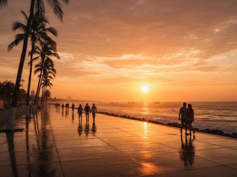 Mazatlán's Malecón boardwalk at sunset with palm trees and ocean views