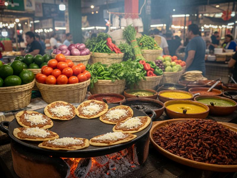 Traditional Oaxacan market with tlayudas, moles, and chapulines on display