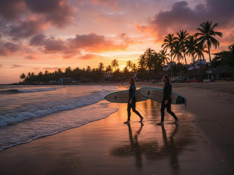 Surfers walking with boards on Sayulita beach during golden hour