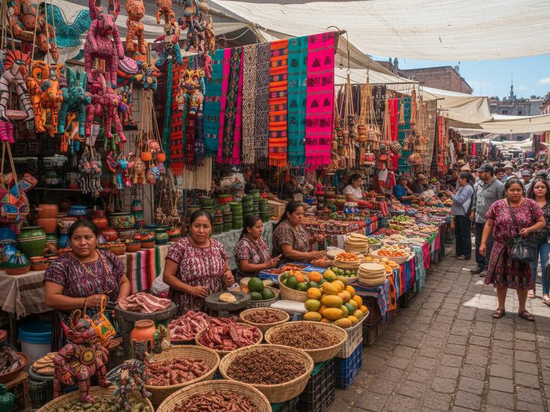 Vibrant Oaxaca market with colorful crafts, textiles, and food vendors
