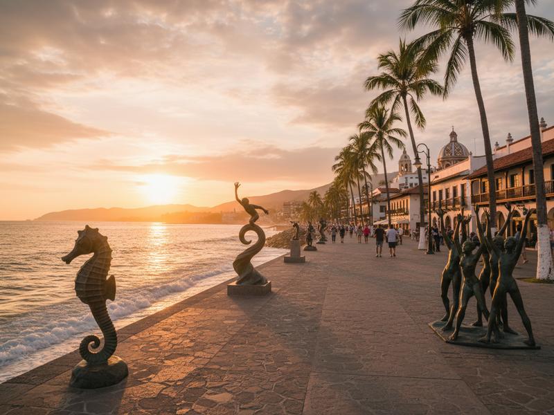 Puerto Vallarta Malecón boardwalk along the Pacific Ocean at golden hour
