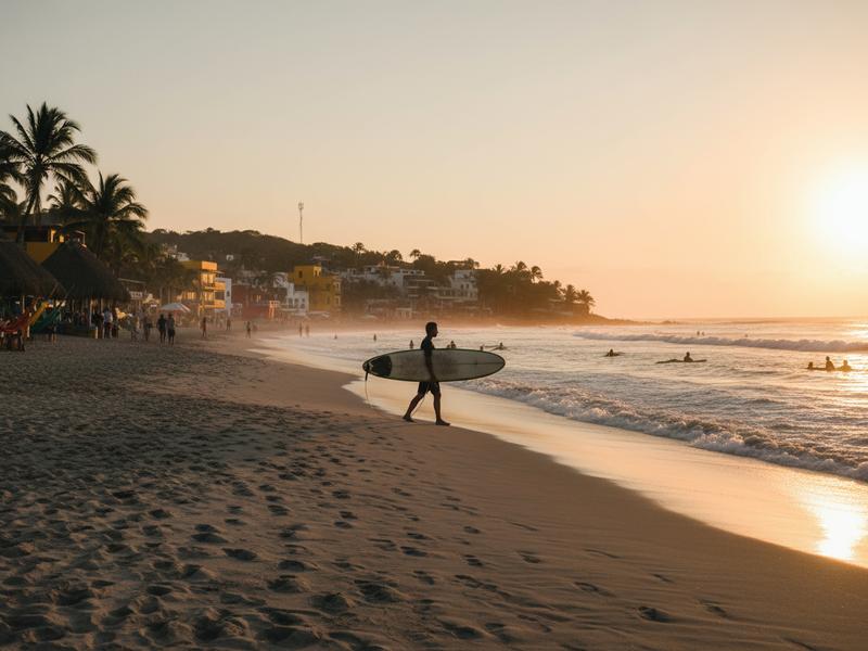 Surfer carrying surfboard on Sayulita beach at sunset with colorful town in background