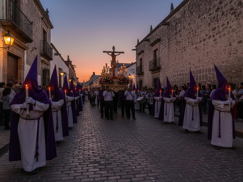 Traditional Semana Santa Holy Week procession in a Mexican colonial town at dusk